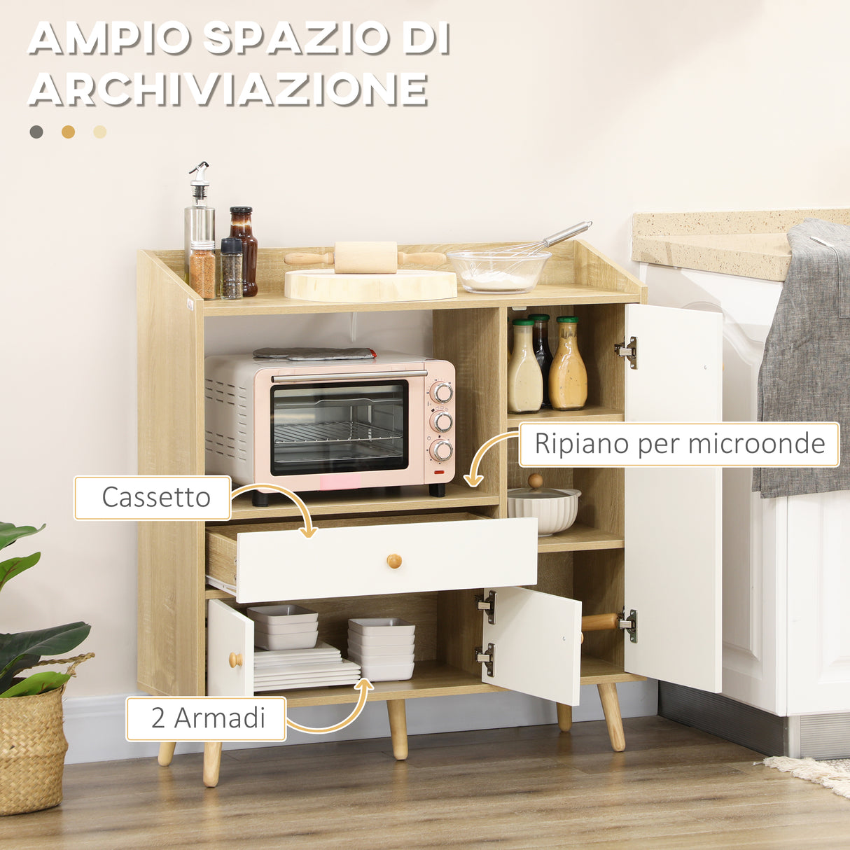 easycomfort easycomfort mobile cucina per microonde con 2 armadietti e cassetto 90x30x94cm in truciolato