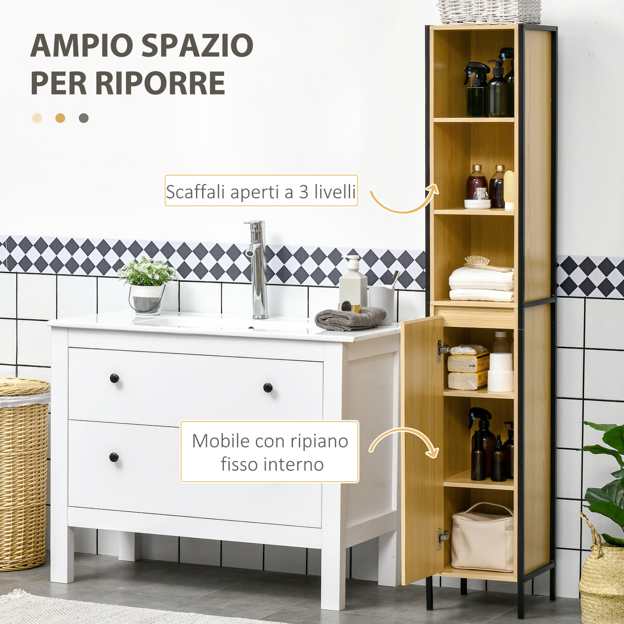 easycomfort easycomfort mobile da bagno alto in truciolato e acciaio colonna bagno con 3 ripiani aperti e un armadietto 30x28x168 cm
