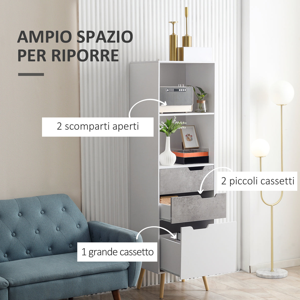 easycomfort easycomfort mobile da salotto con 3 cassetti e 2 ripiani aperti in truciolato e legno di pino 50x39x169 5 cm grigio bianco