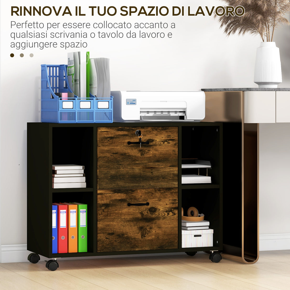 easycomfort easycomfort mobile da ufficio 2 cassetti porta documenti e ripiani ruote con blocco 80x40x66cm marrone rustico