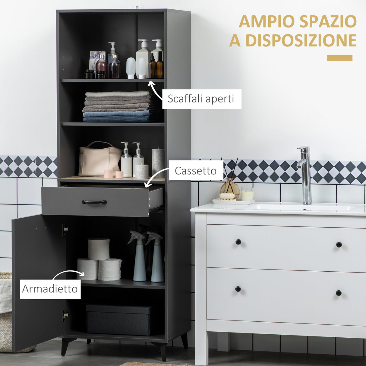 easycomfort easycomfort mobile dispensa alto con ripiani regolabili aperti cassetto e armadietto in truciolato e mdf 60x42x180 cm grigio