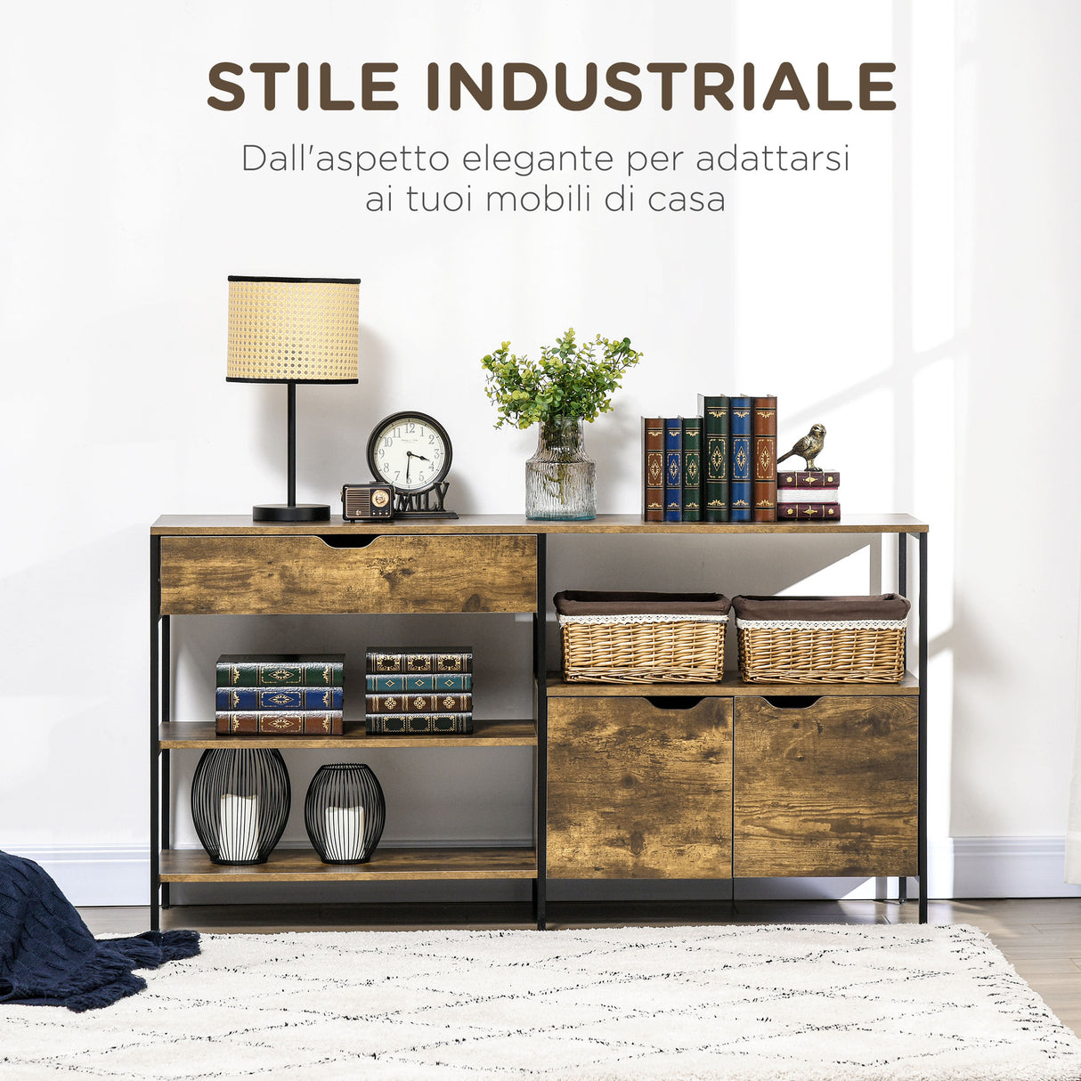 easycomfort easycomfort mobile in stile industriale con cassetto e armadietto in legno e acciaio 147x40x77cm marrone