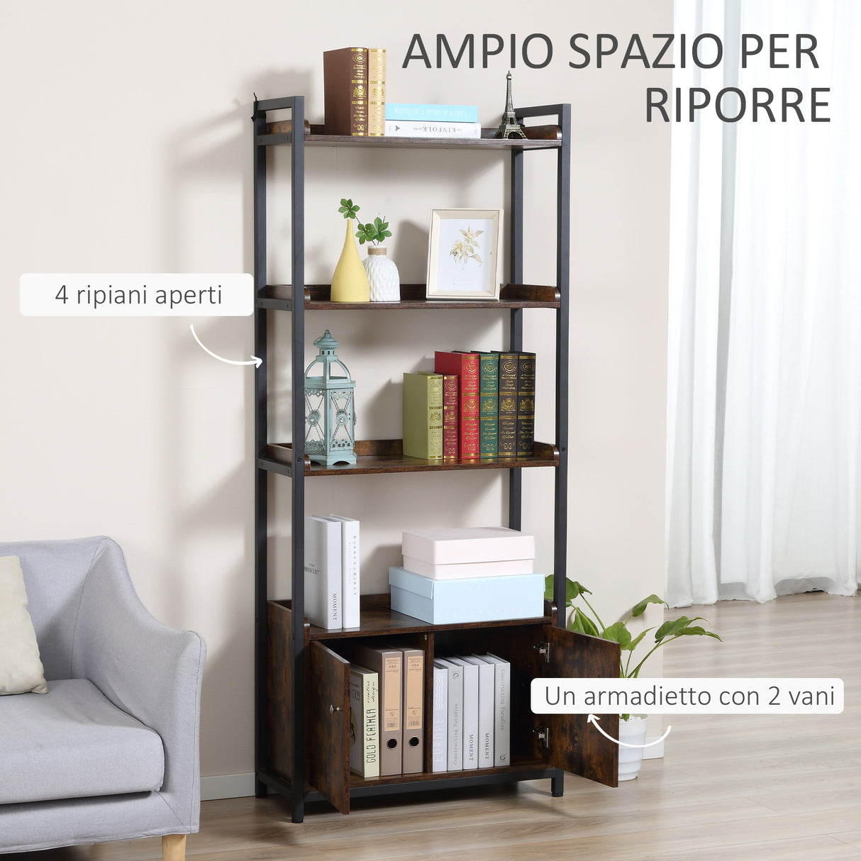 easycomfort easycomfort mobile libreria 4 ripiani con armadietto a 2 ante libreria scaffale in stile industriale per casa e ufficio 75x30x180cm marrone