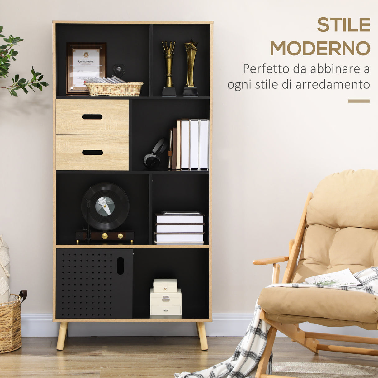 easycomfort easycomfort mobile libreria moderna in mdf e truciolato con 2 cassetti e 7 ripiani aperti 80x40x165 cm