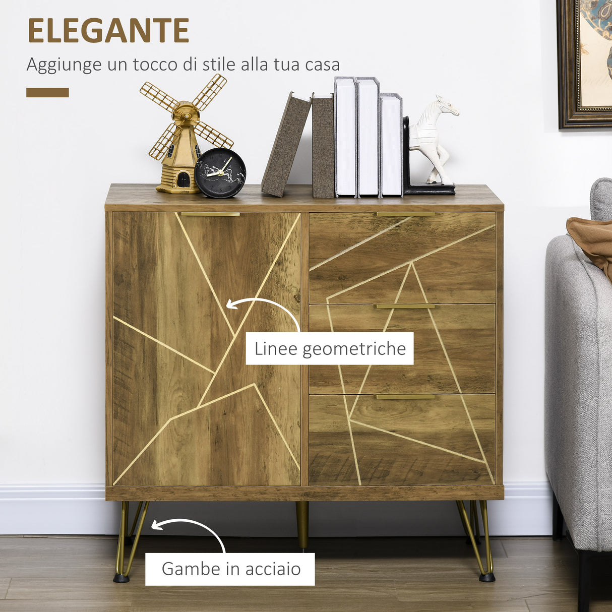 easycomfort easycomfort mobile multiuso con armadietto e 3 cassetti in legno e acciaio 84x39x80 7cm bronzo