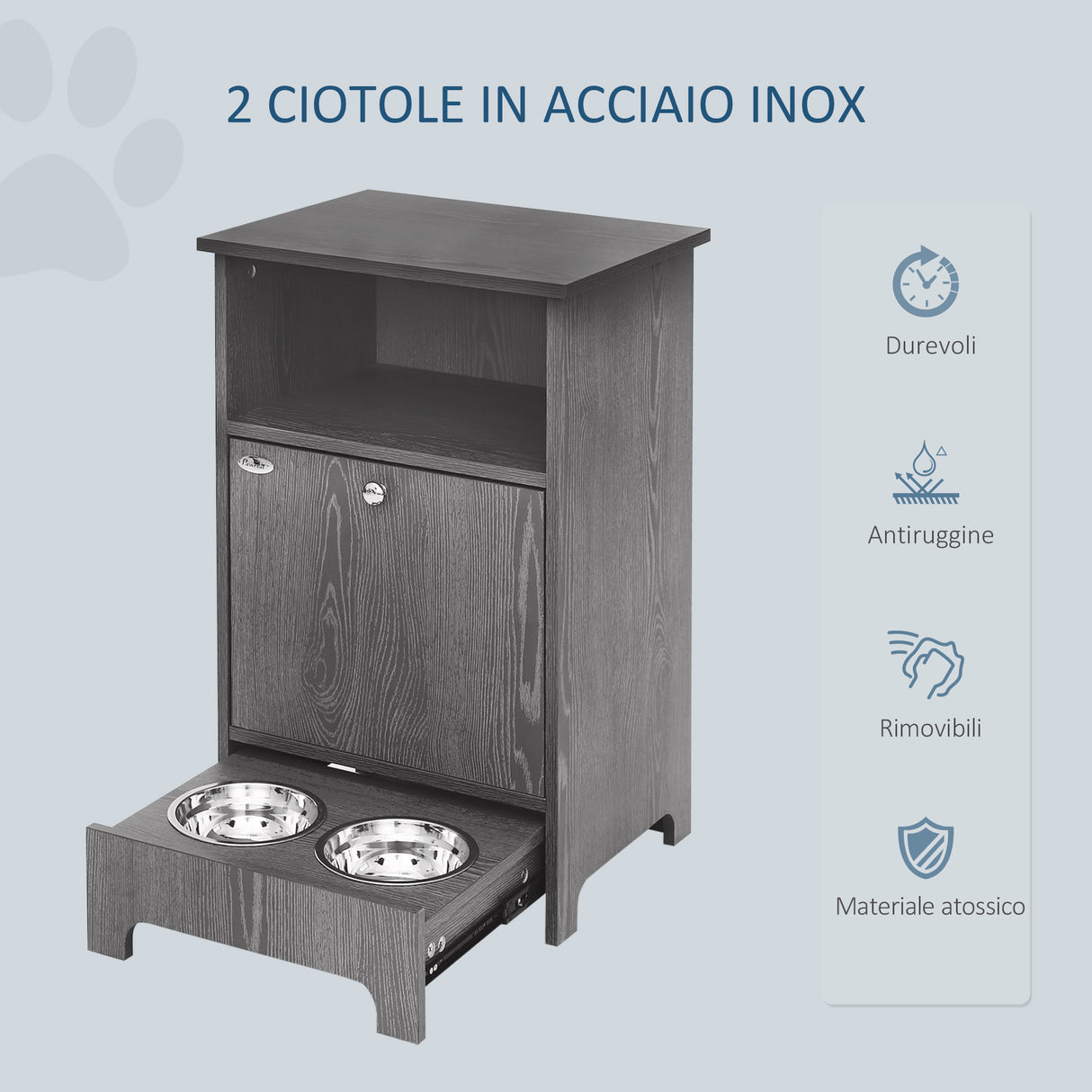 easycomfort easycomfort mobile multiuso con ciotole per cani e gatti in acciaio mobiletto in legno con anta e vano aperto grigio