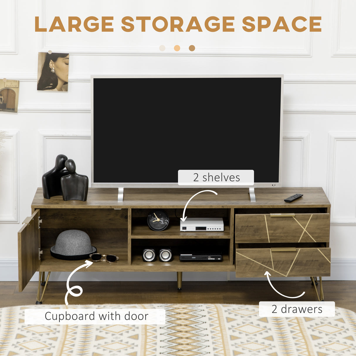 easycomfort easycomfort mobile porta tv da 55 con armadietto e cassetti in legno e acciaio 150x39x50 8cm legno e oro