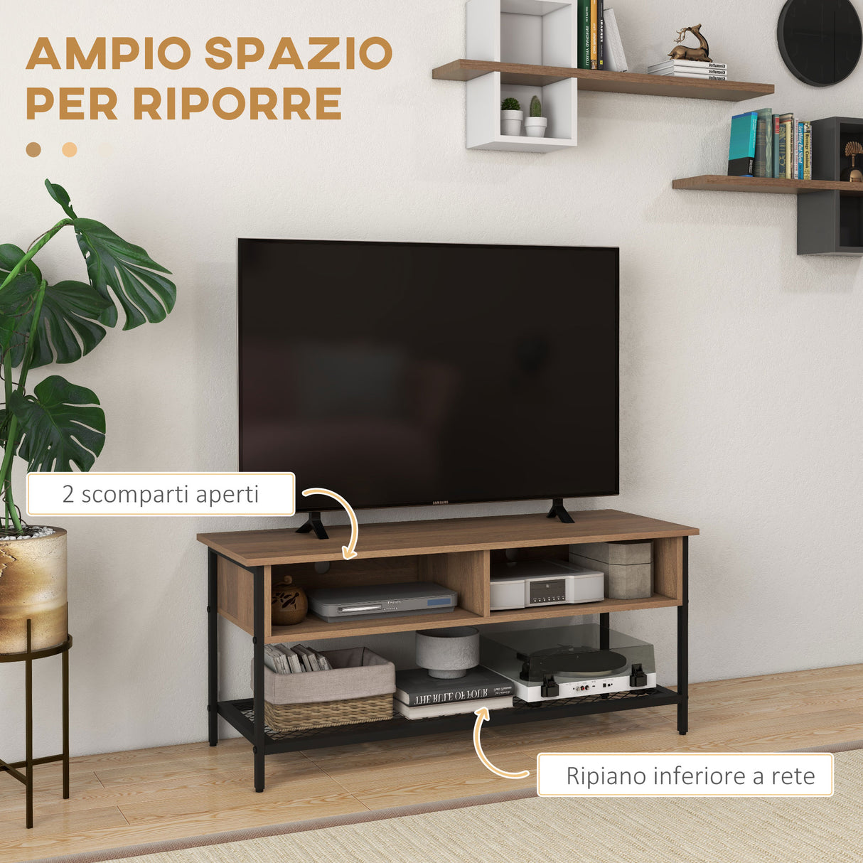easycomfort easycomfort mobile porta tv fino 48 stile industriale in legno e acciaio 110x40x48cm marrone e nero