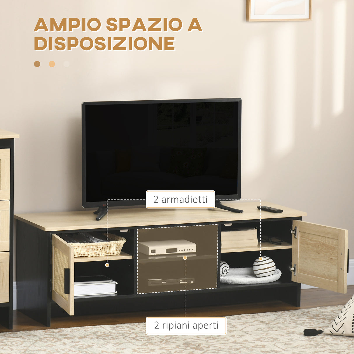 easycomfort easycomfort mobile porta tv fino a 60 con 2 armadietti e ripiani aperti stile boho 120x40x42 cm