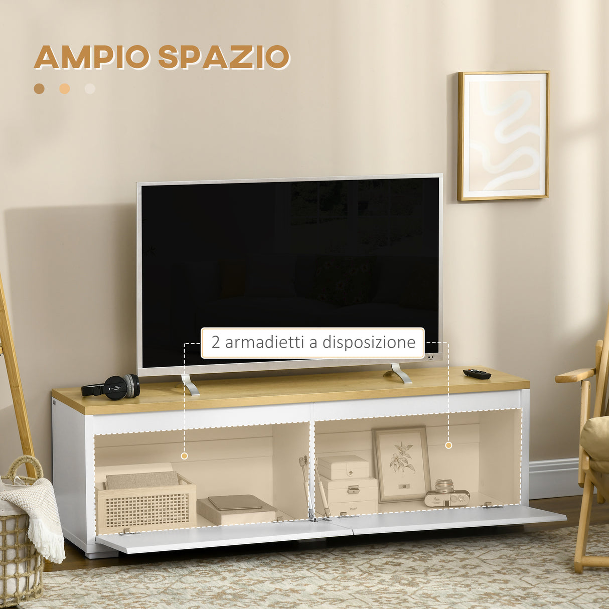 easycomfort easycomfort mobile porta tv fino a 65 con armadietti e ante a ribalta in truciolato 140x37x45cm bianco e color legno