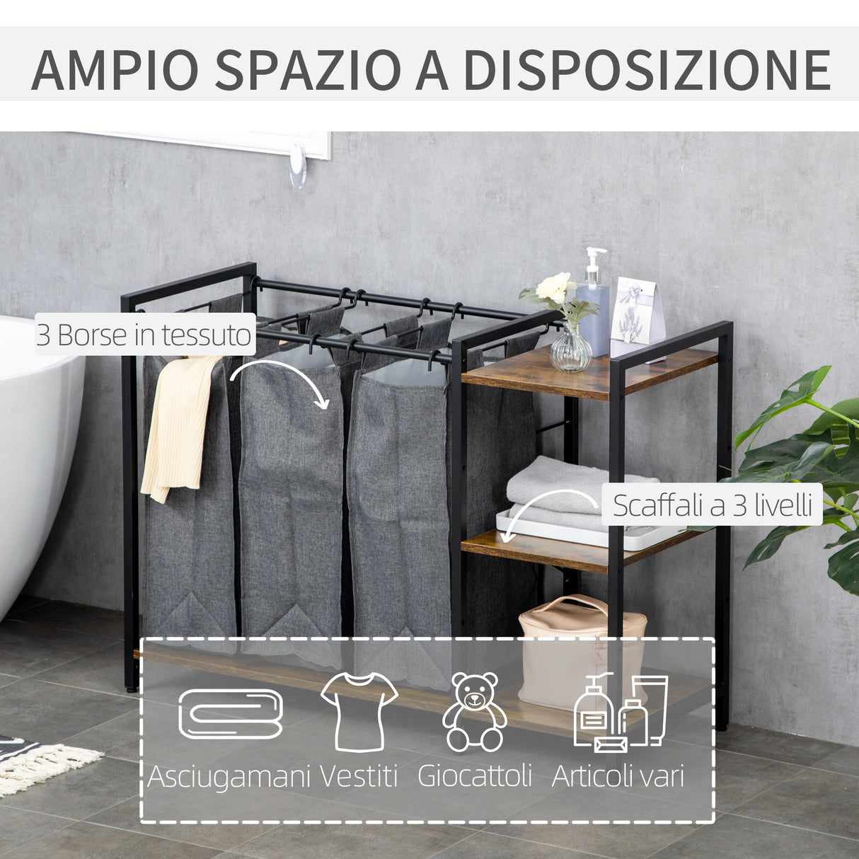easycomfort easycomfort mobile portabiancheria in stile industriale con 3 sacchi in tessuto e 3 ripiani 106x40x75cm