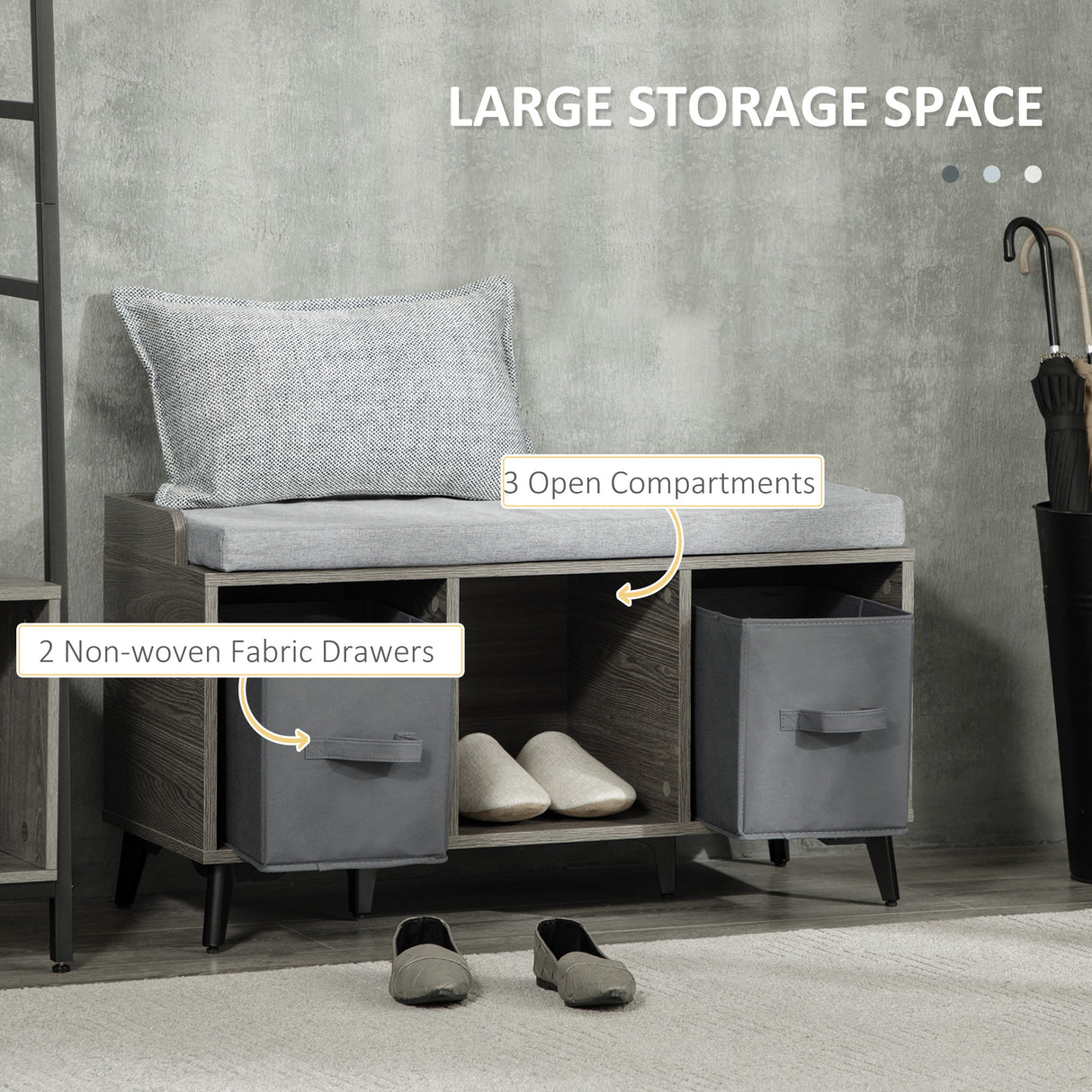 easycomfort easycomfort mobile scarpiera da ingresso in truciolato e metallo con 3 ripiani aperti 2 cassetti e seduta imbottita 90x34x48 cm grigio