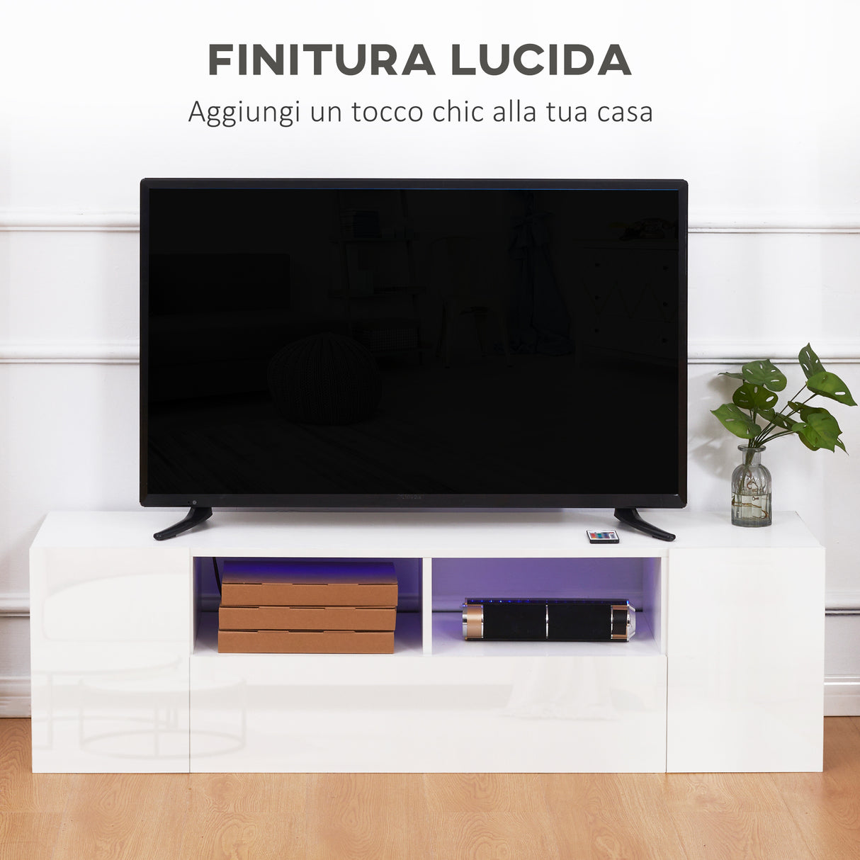 easycomfort easycomfort mobile tv 60 max in truciolato con 3 ripiani 2 armadietti e luci led 137x35x42 cm bianco lucido
