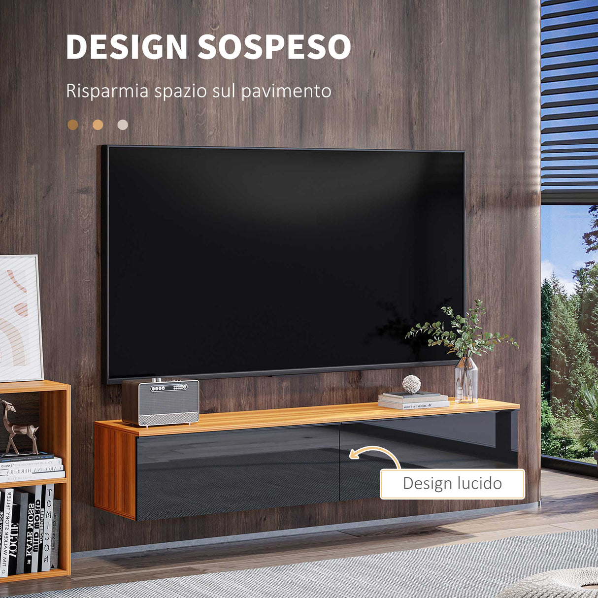 easycomfort easycomfort mobile tv con design lucido a parete e credenze chiuse in truciolato 160x35x30 cm marrone e nero
