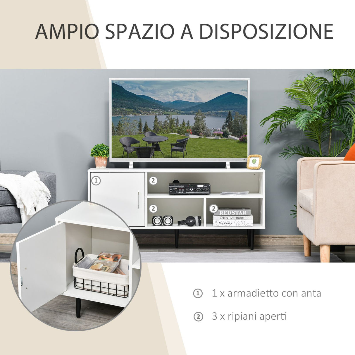 easycomfort easycomfort mobile tv fino a 60 con armadietto e 3 ripiani in legno mdf bianco 120x40x55cm