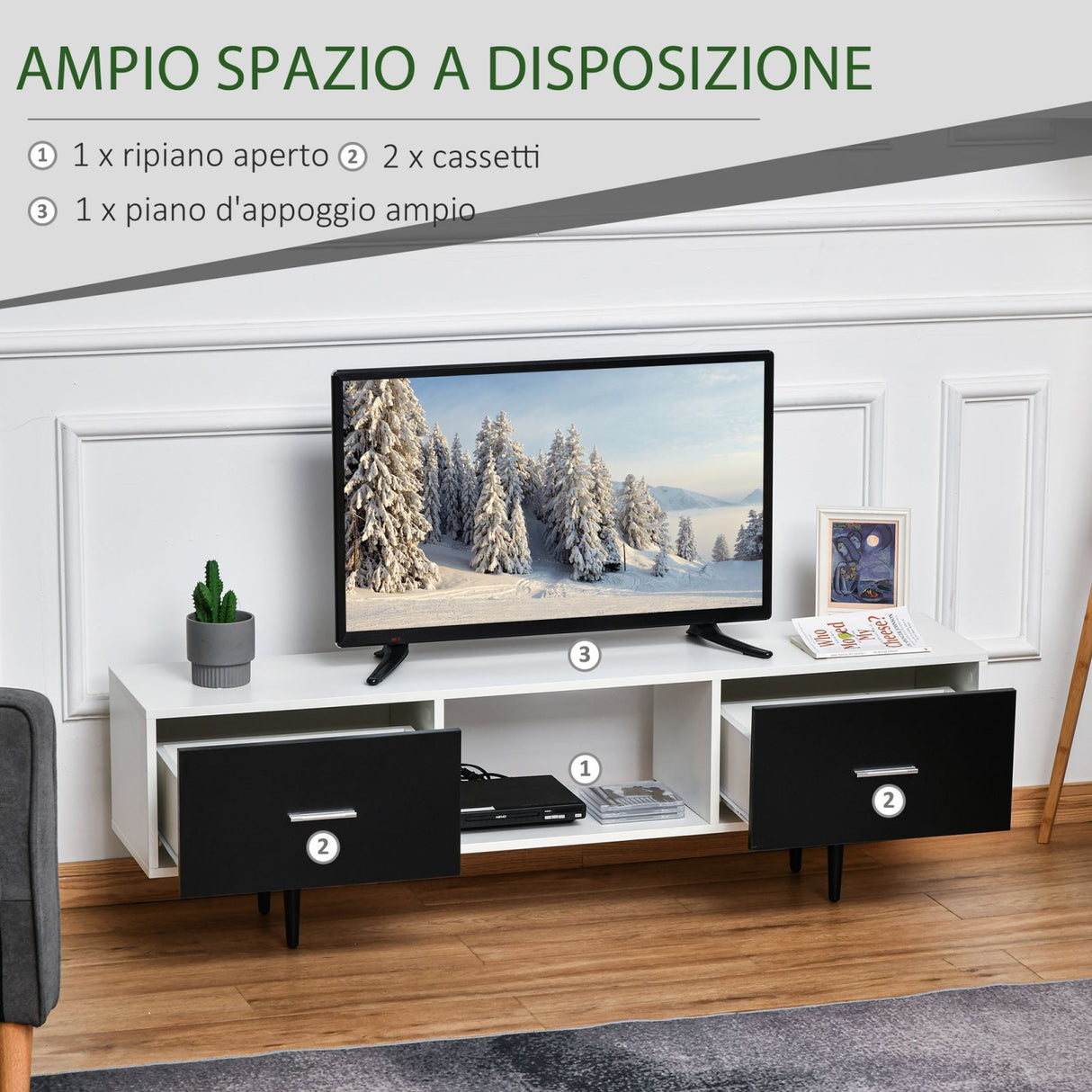 easycomfort easycomfort mobile tv fino a 60 con cassetti e vano aperto bianco e nero 140x30x42cm