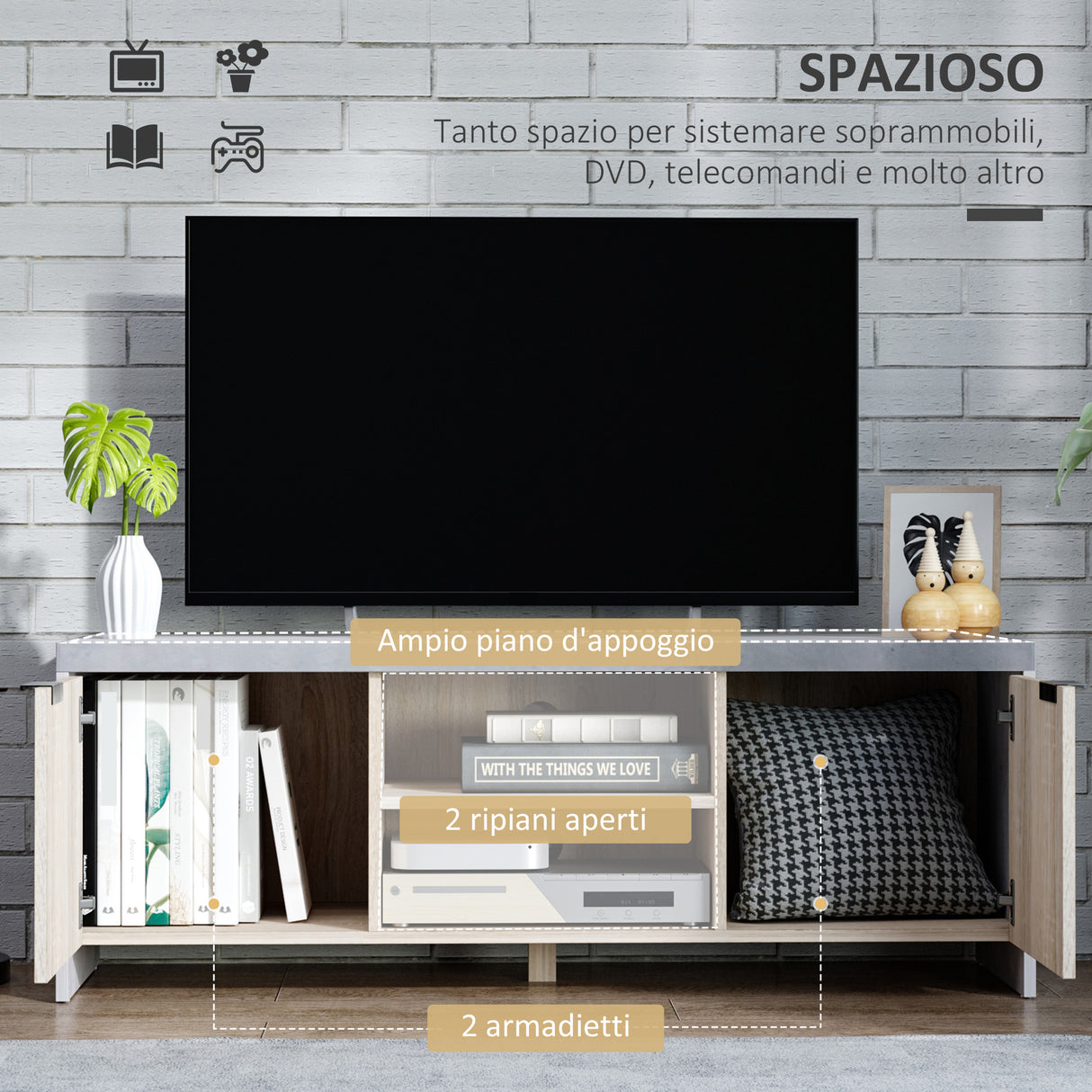 easycomfort easycomfort mobile tv in legno moderno con armadietti da salotto con passacavi120x40x44cm legnogrigio