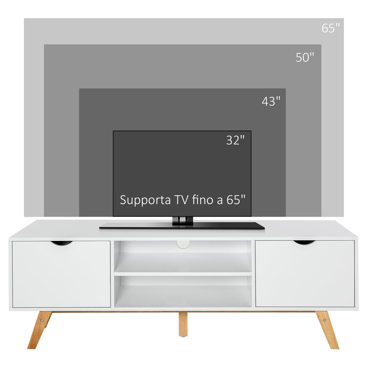 easycomfort easycomfort mobile tv max 65 in truciolato e mdf bianco con 2 credenze laterali 2 ripiani centrali 150x39x50 cm