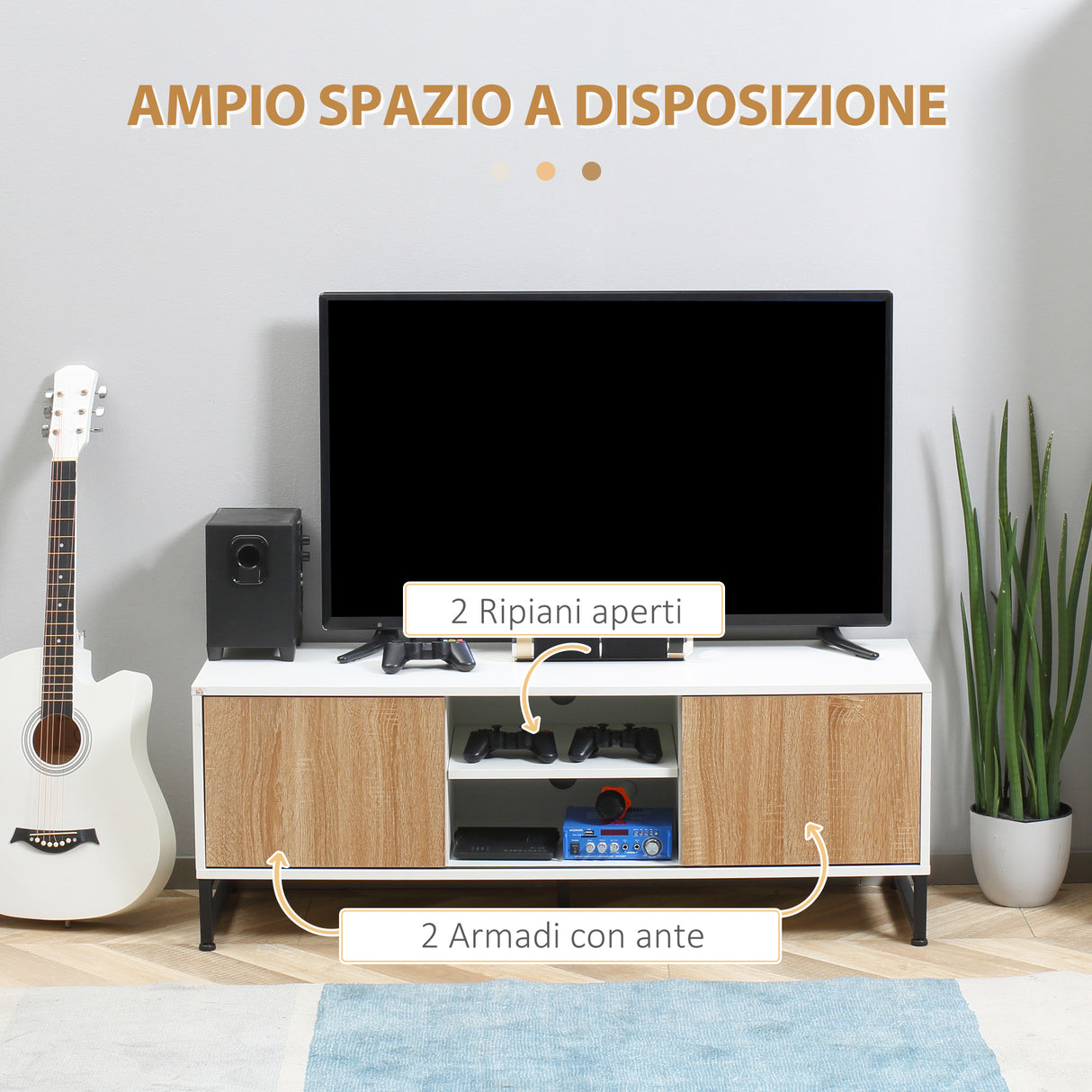 easycomfort easycomfort mobile tv moderno 50 max in truciolato e acciaio con 2 ripiani aperti e 2 armadietti chiusi 120x39 5x45 cm