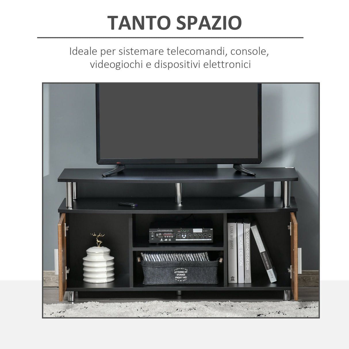 easycomfort easycomfort mobile tv moderno con 2 ripiani fori passacavi e 2 armadietti in mdf 105x40x55cm neromarrone