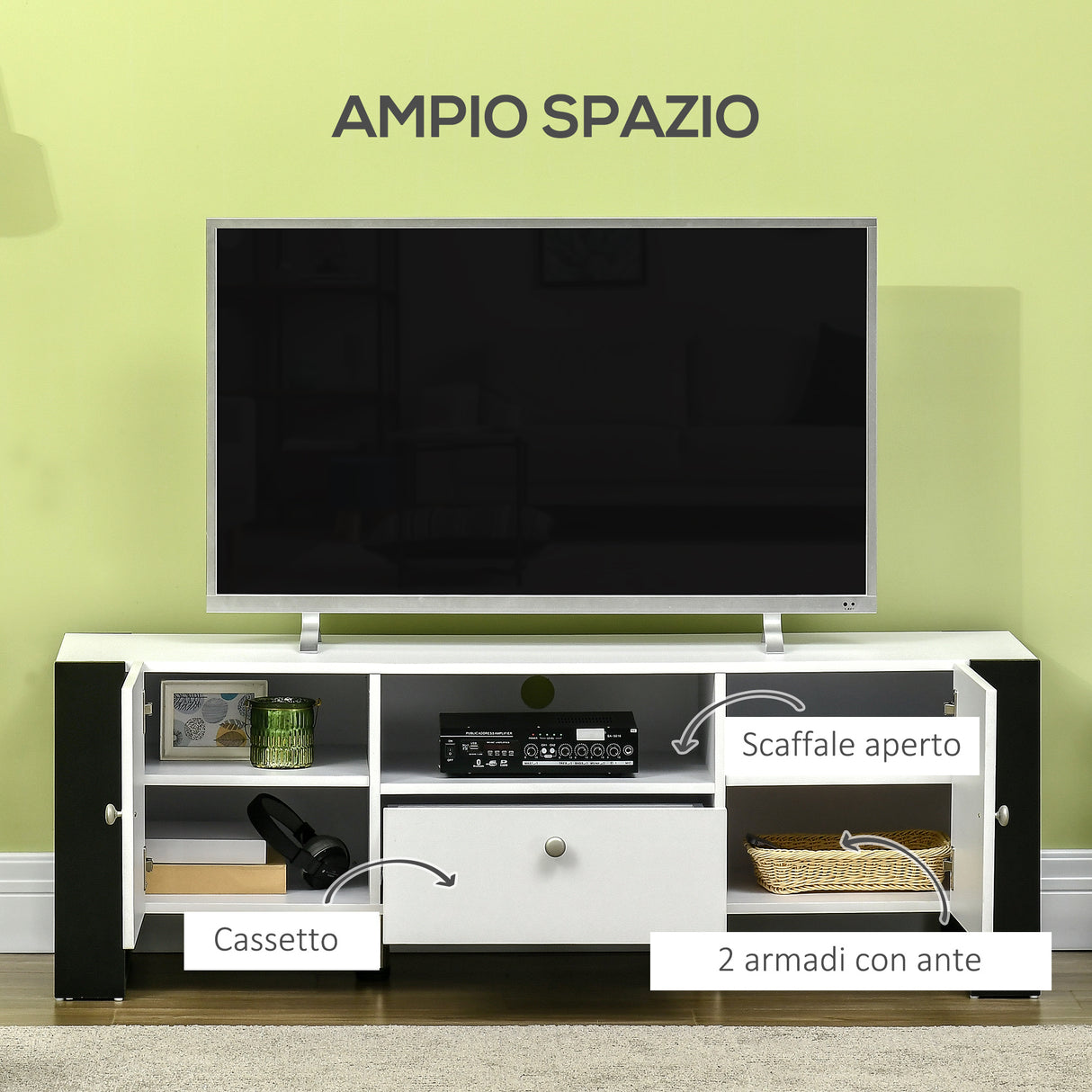 easycomfort easycomfort mobile tv moderno con armadietti cassetto e mensola per tv fino 65 140x43x48cm bianco e nero