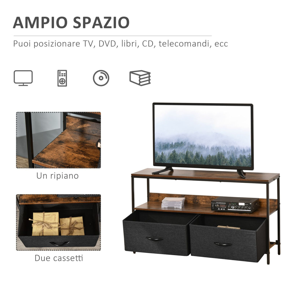 easycomfort easycomfort mobile tv stile industriale con cassetti in tessuto e mensola metallo e mdf 98x29x56cm marrone