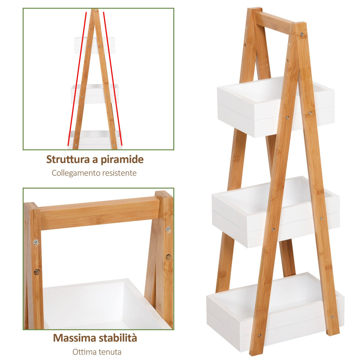 easycomfort easycomfort mobiletto bagno salvaspazio 3 ripiani in legno mdf bianco e bambu 21x30x81cm