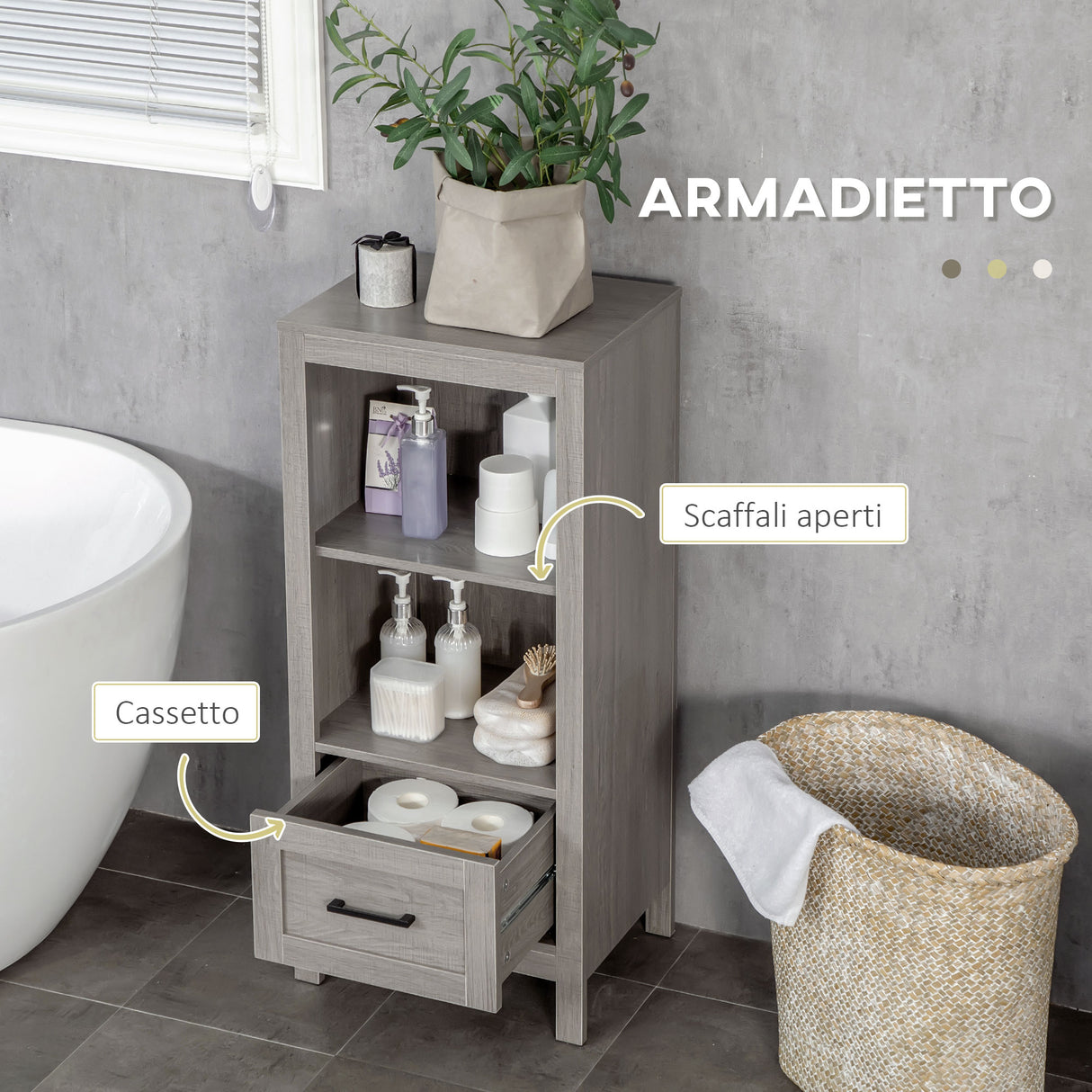 easycomfort easycomfort mobiletto bagno salvaspazio con ripiani e cassetto in legno 40x30x89cm grigio