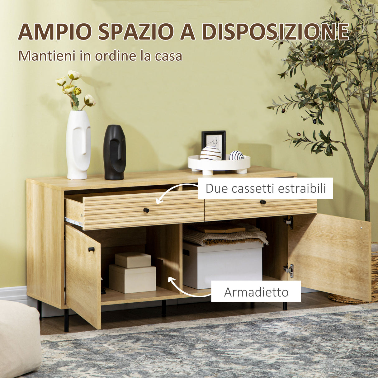 easycomfort easycomfort mobiletto basso in truciolato e acciaio da cucina e soggiorno con 2 cassetti e armadietto 120x39 5x64 cm