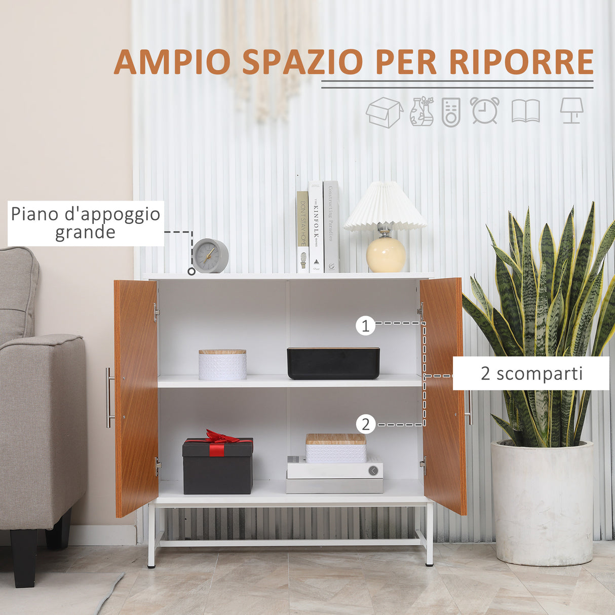 easycomfort easycomfort mobiletto basso in truciolato e metallo a 2 ante con ripiano regolabile a 2 livelli 80x39x80 cm bianco e marrone