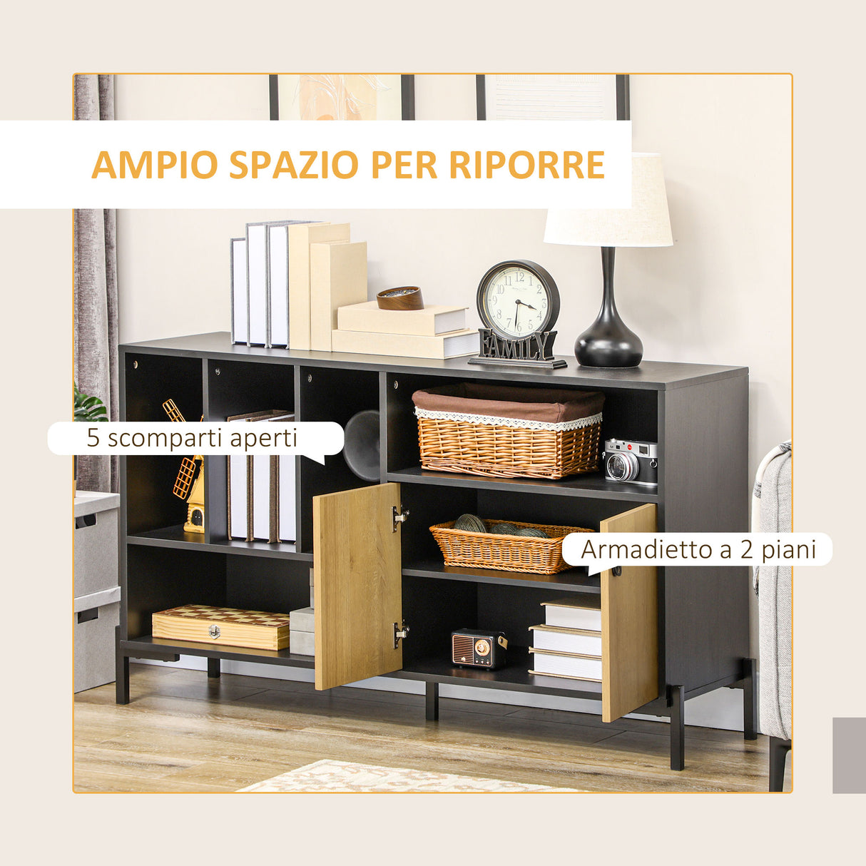 easycomfort easycomfort mobiletto da salotto a doppia anta con 5 ripiani aperti in truciolato 120x40x74cm