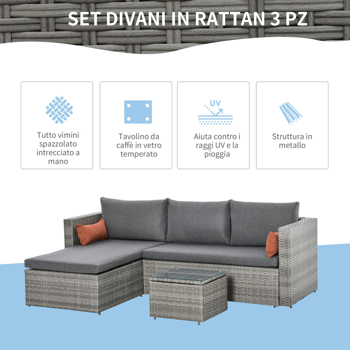 easycomfort easycomfort mobili da giardino set 3 pezzi in rattan pe con 2 divani e tavolino da caffe grigio