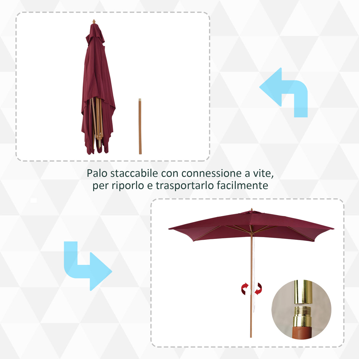 easycomfort easycomfort ombrellone 2x3 m da giardino impermeabile a 8 stecche in legno e bambu bordeaux