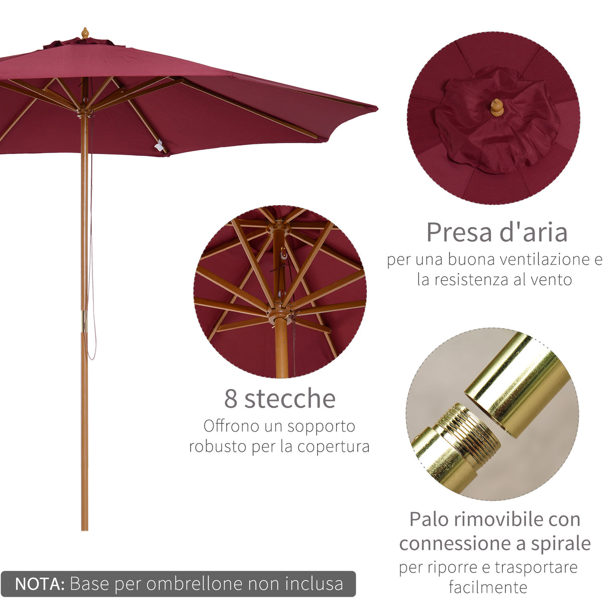 easycomfort easycomfort ombrellone da giardino 3x2 5 con palo in legno e 8 stecche e copertura in poliestere rosso scuro