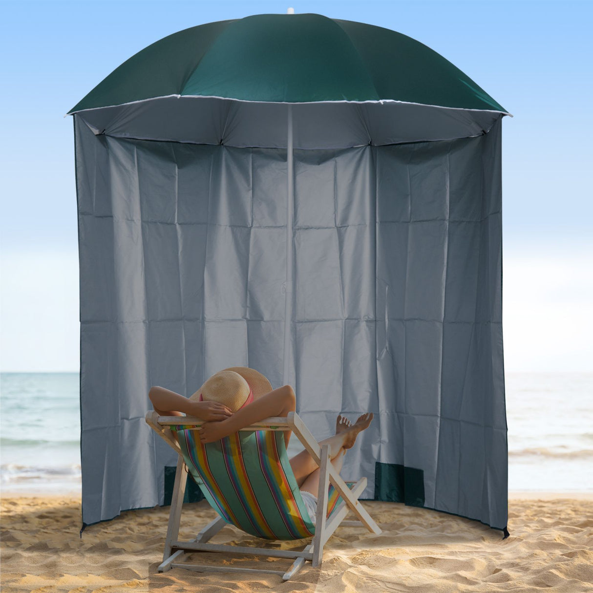 easycomfort easycomfort ombrellone da spiaggia e da giardino 220cm con tenda parasole poliestere e metallo verde scuro e bianco ean 8054111842105