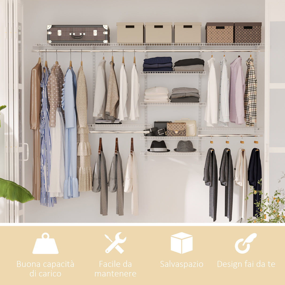 easycomfort easycomfort organizer in acciaio montato a muro con 9 ripiani regolabili e 5 aste per appendere 249 4x38 8x162 cm bianco