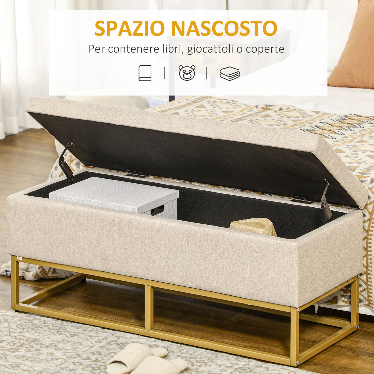 easycomfort easycomfort panca con contenitore in poliestere trapuntata con gambe in acciaio doro 110x44x48cm beige