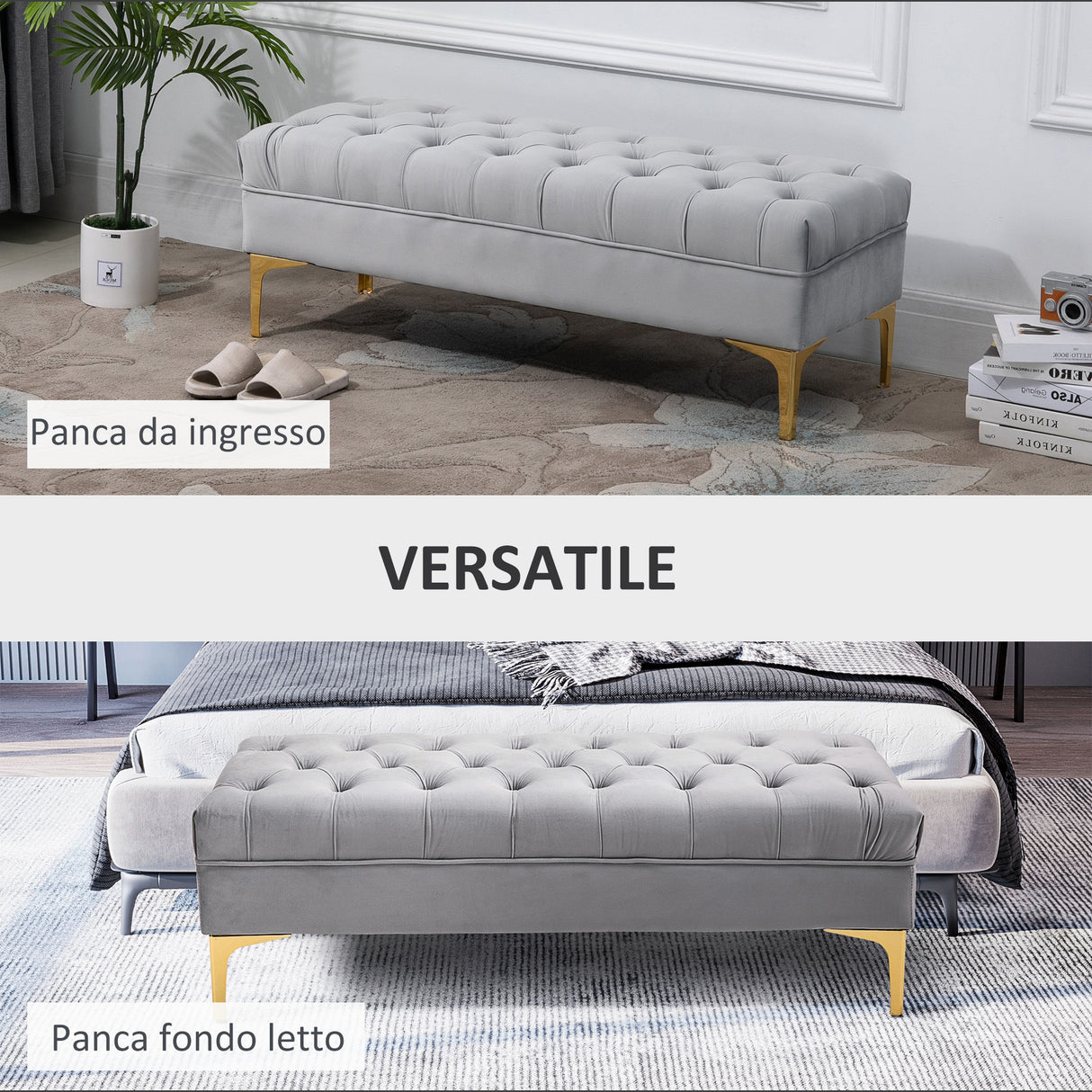 easycomfort easycomfort panca imbottita fondoletto in tessuto vellutato panca per camera da letto e ingresso con decorazione a trapunta piedini in metallo grigio