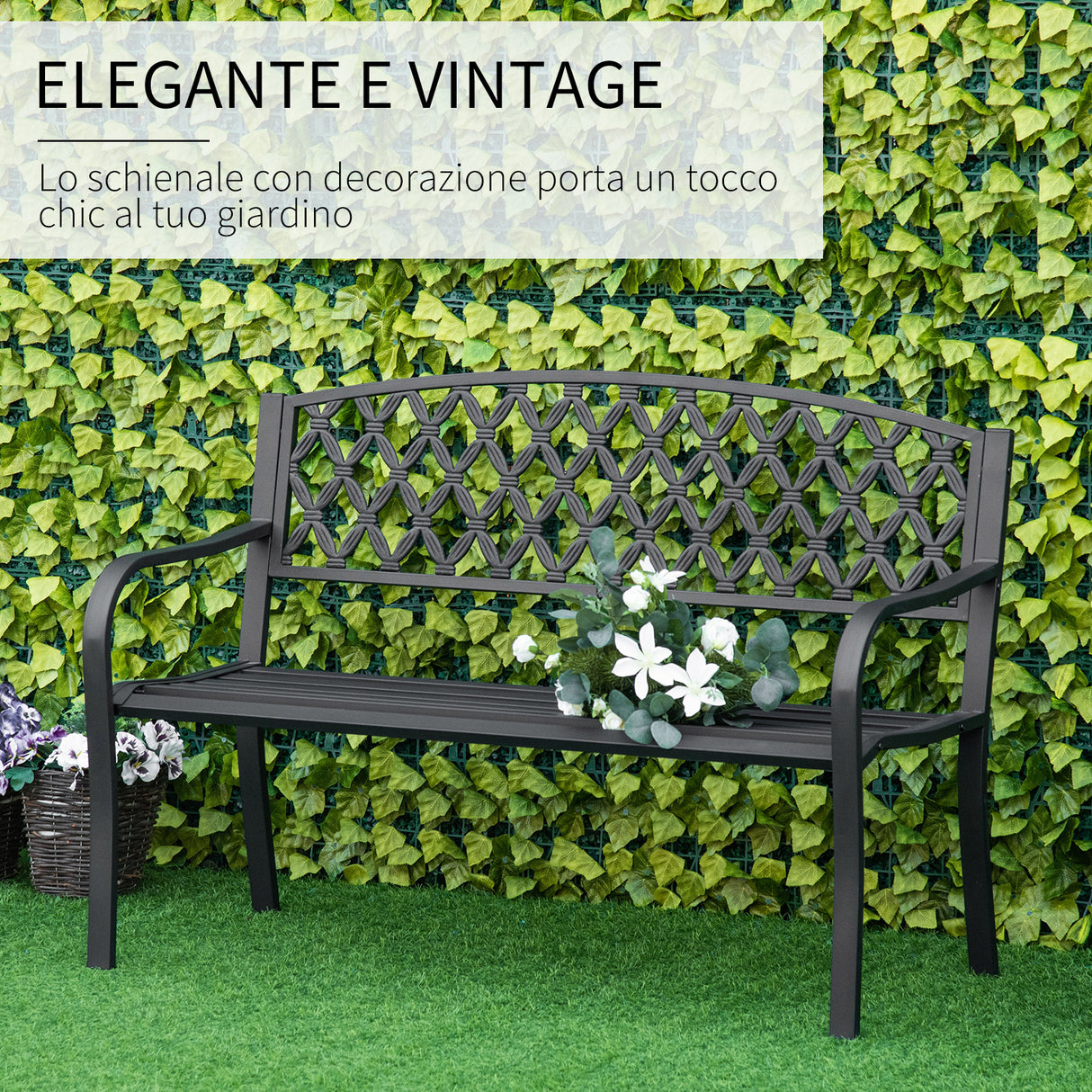 easycomfort easycomfort panchina da esterno 2 posti con braccioli in acciaio e ghisa 128x58 5x89cm nero