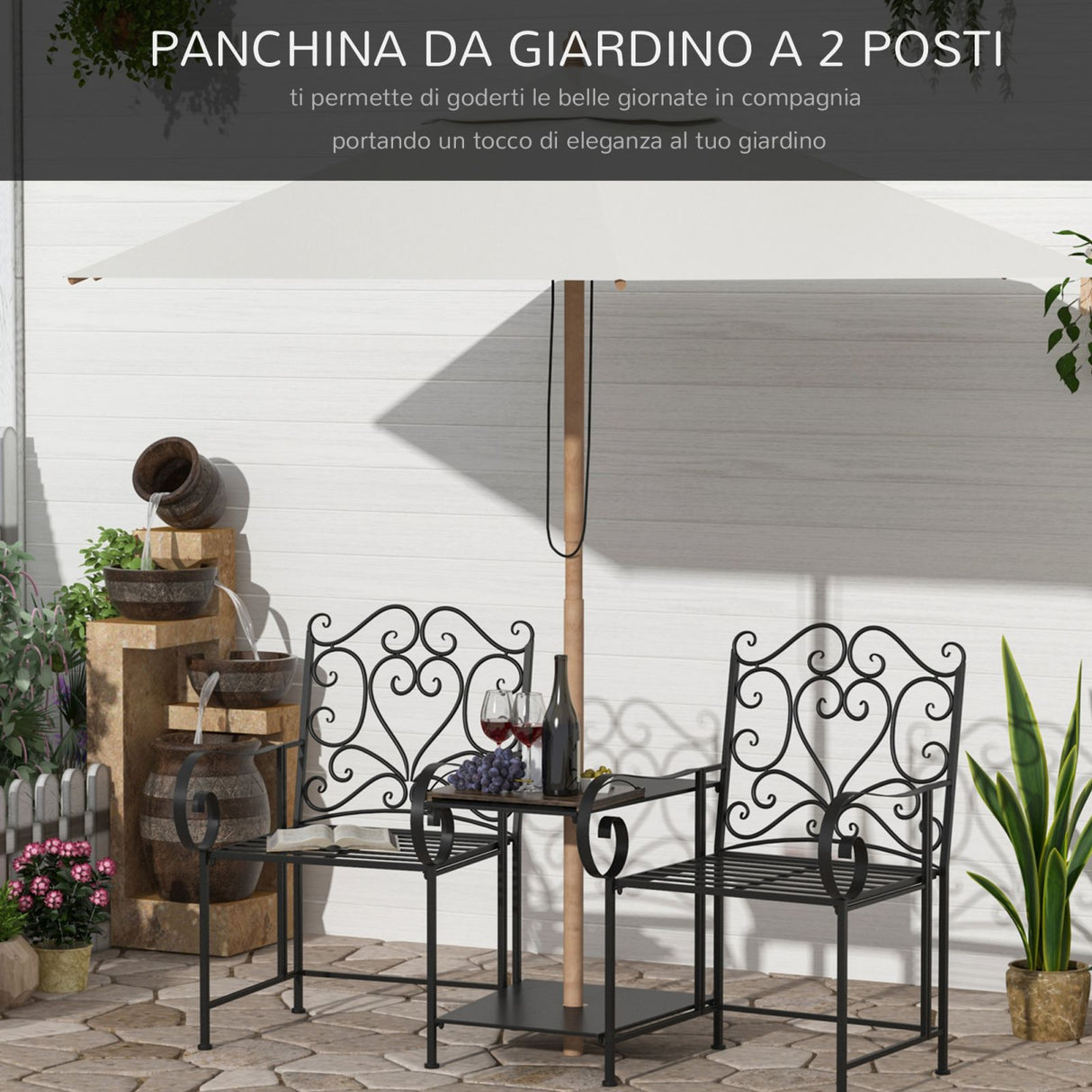 easycomfort easycomfort panchina da giardino 2 posti con tavolino e foro per ombrellone nero ean 8055776912837