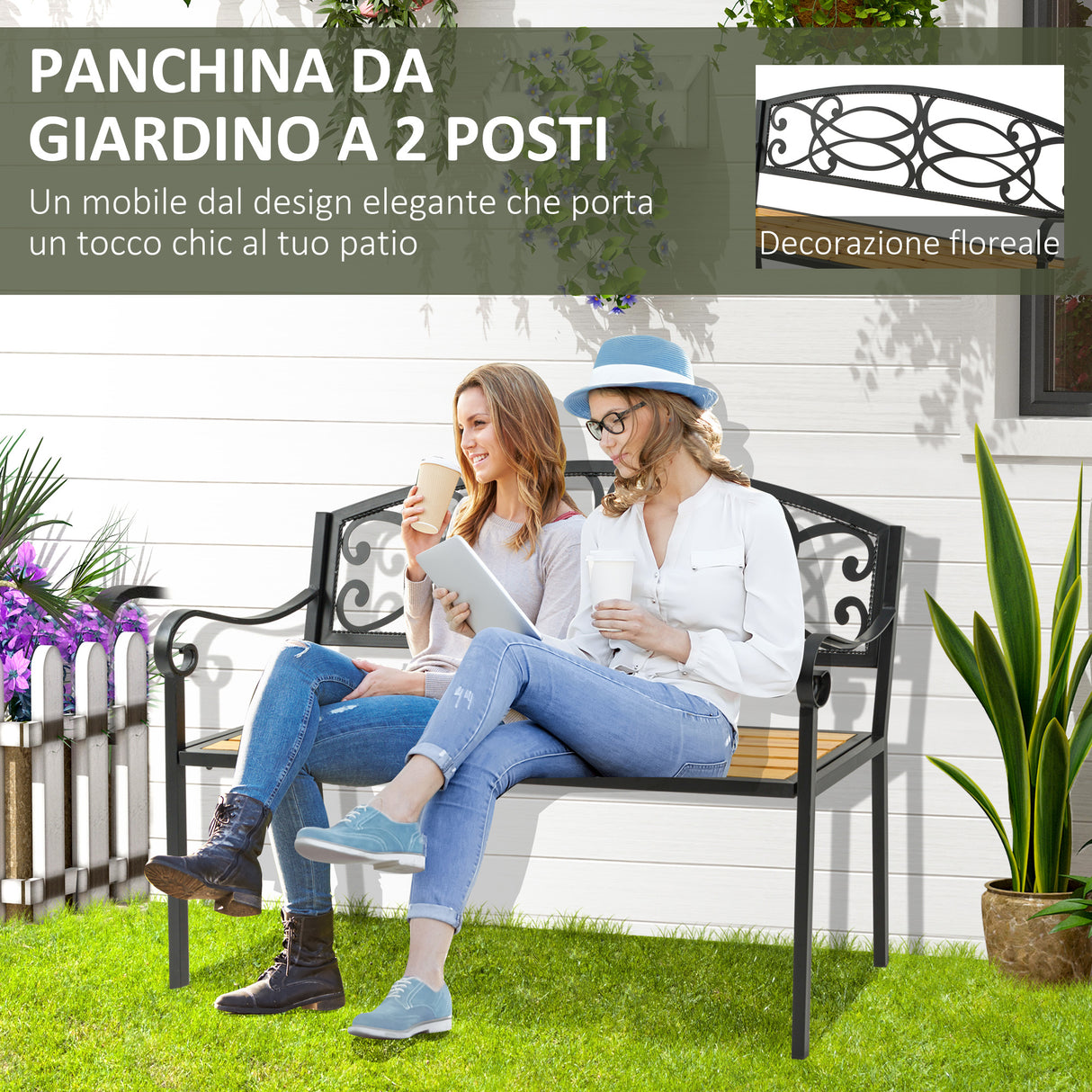 easycomfort easycomfort panchina da giardino a 2 posti in metallo e legno schienale decorato e braccioli 127x52x88cm nero