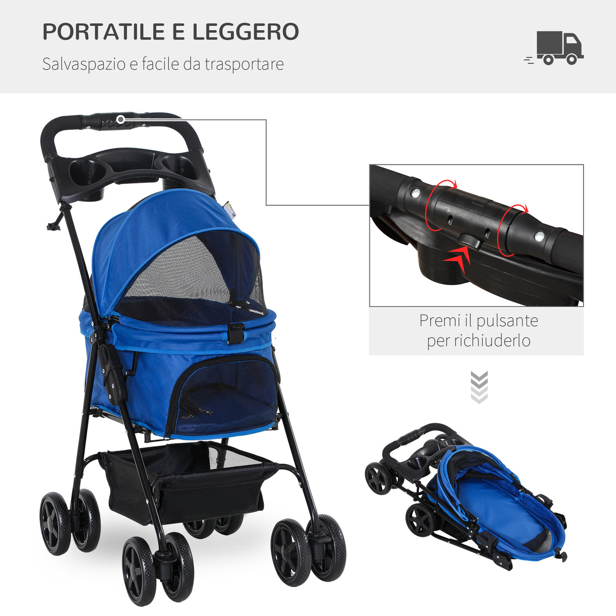 easycomfort easycomfort passeggino per cani pieghevole con guinzaglio di sicurezza e cestino portaoggetti blu
