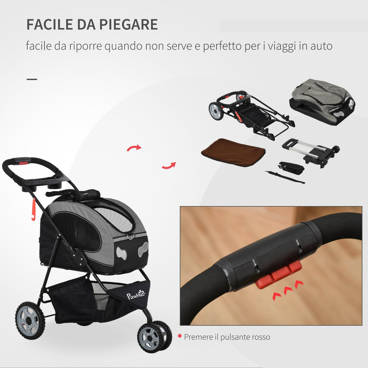 easycomfort easycomfort passeggino pieghevole per cani e gatti con trasportino staccabile nero e grigio