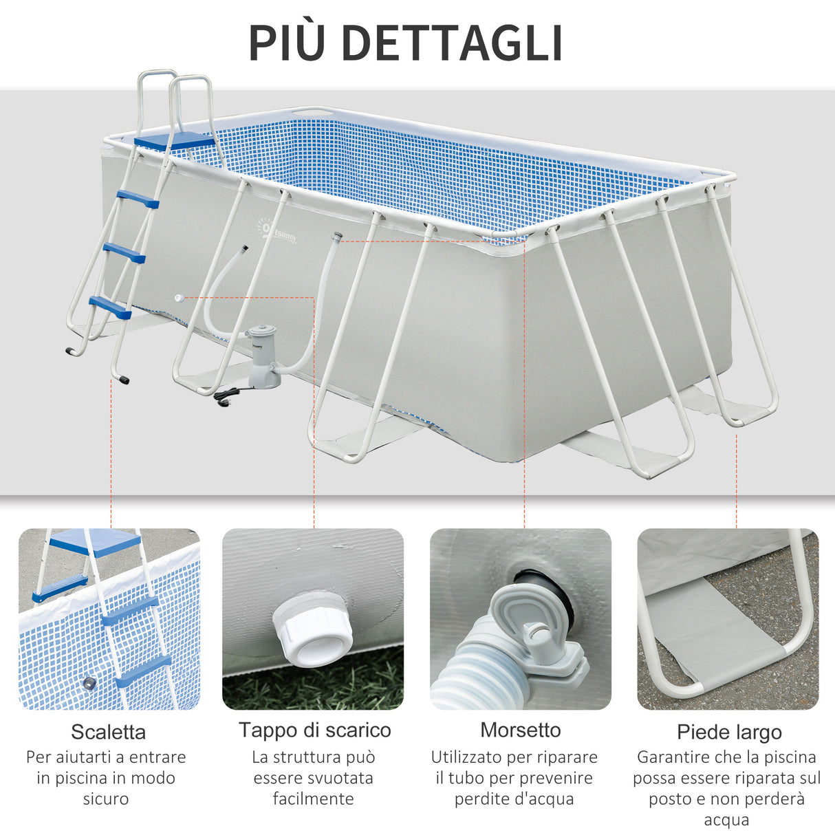 easycomfort easycomfort piscina fuori terra rettangolare con pompa filtro a nanosfere e scaletta incluse 440x240x122cm grigia