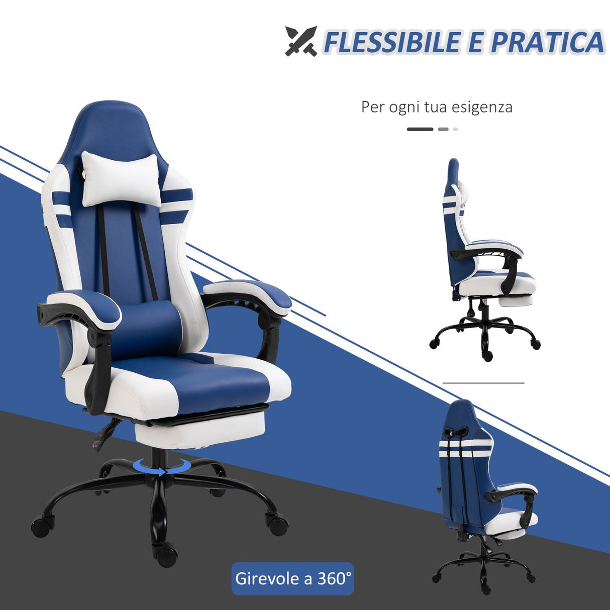 easycomfort easycomfort poltrona gaming e da ufficio in similpelle blu e bianca reclinabile e con poggiapiedi estraibile ean 8054144137018