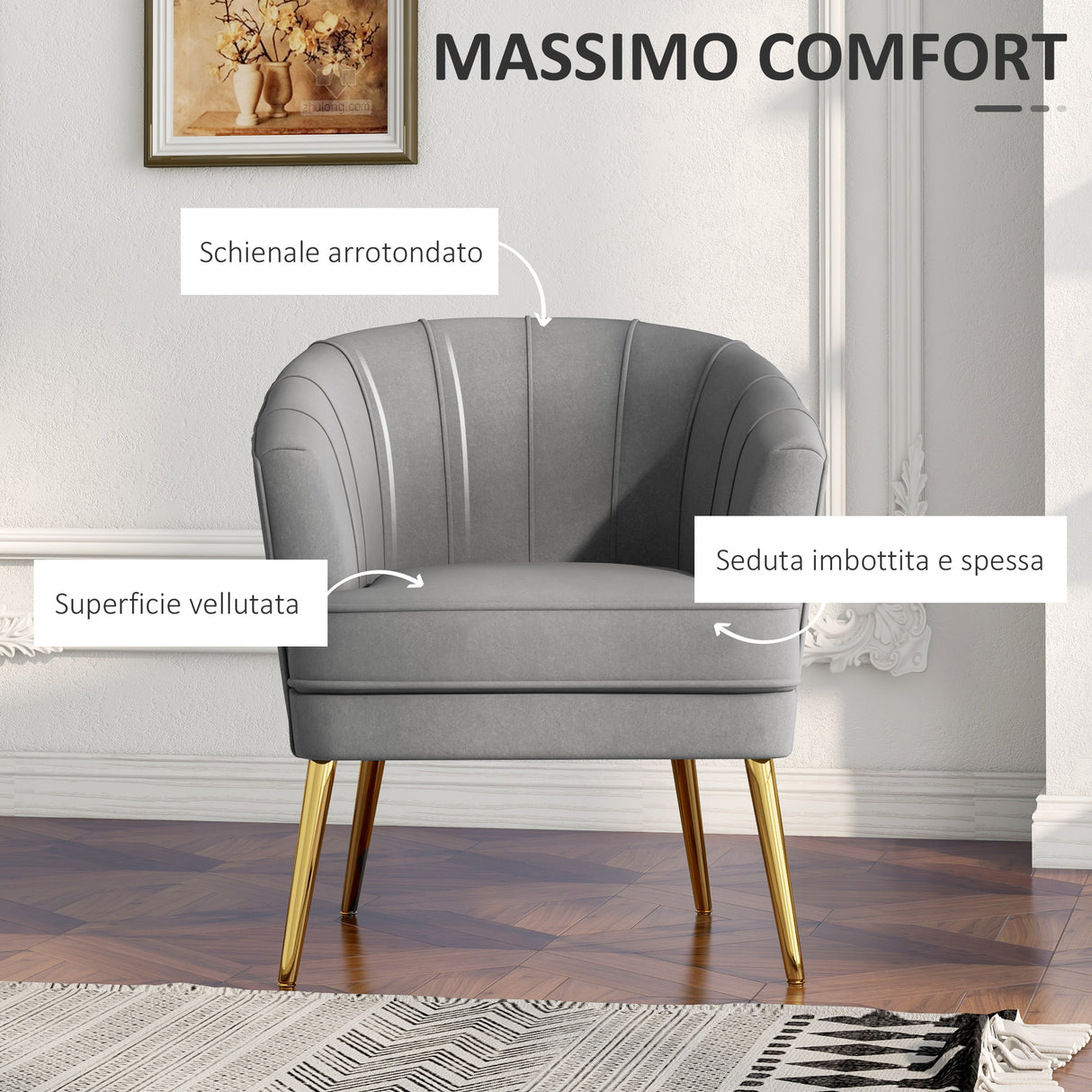 easycomfort easycomfort poltrona in velluto imbottita con gambe dorate in poliestere e acciaio 71x72x75cm grigio