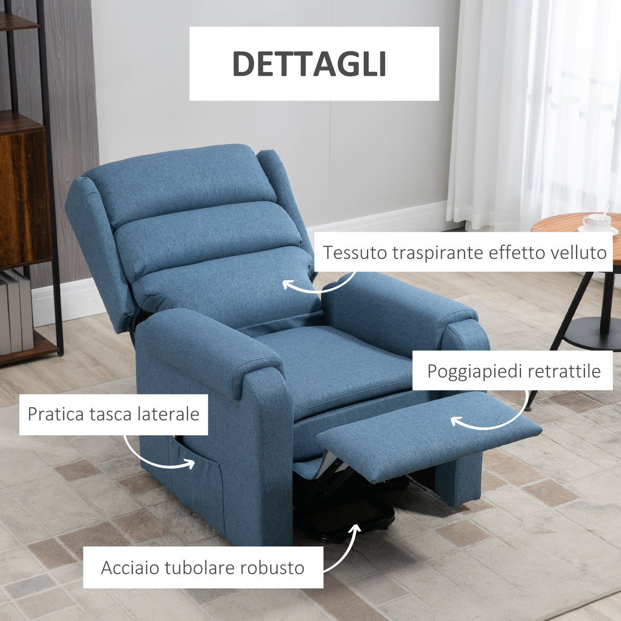 easycomfort easycomfort poltrona relax alzapersona con schienale reclinabile a 160 e poggiapiedi 85x88x109cm blu