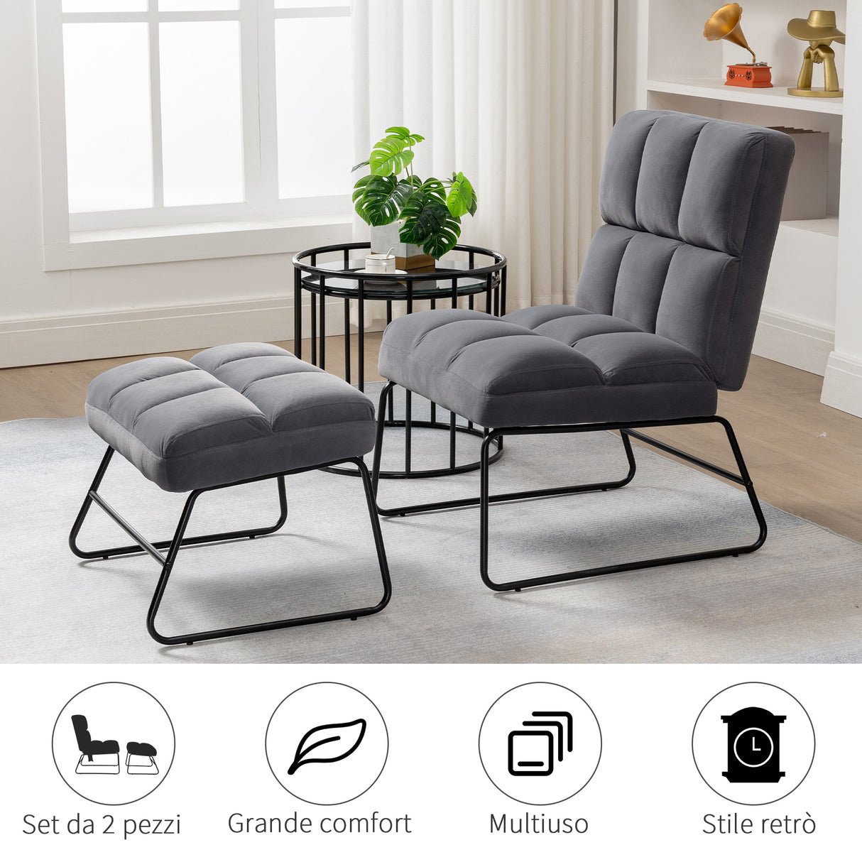 easycomfort easycomfort poltrona relax con poggiapiedi per interni set 2 pezzi in effetto velluto e metallo grigia