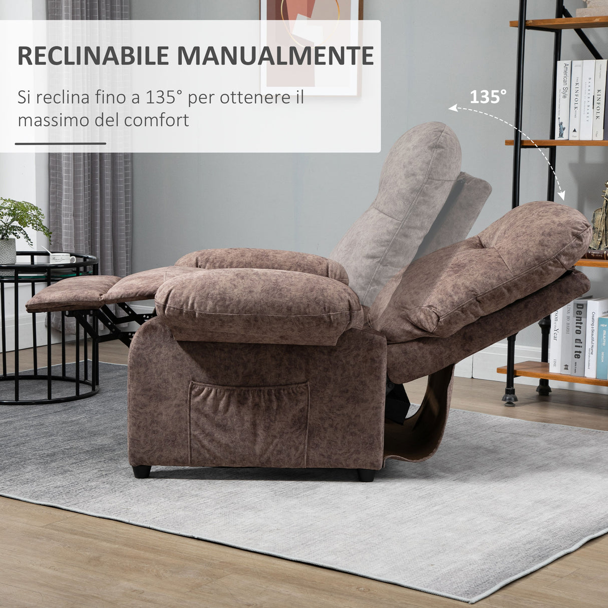easycomfort easycomfort poltrona relax imbottita e reclinabile fino 135 con poggiapiedi estraibile e tasca marrone