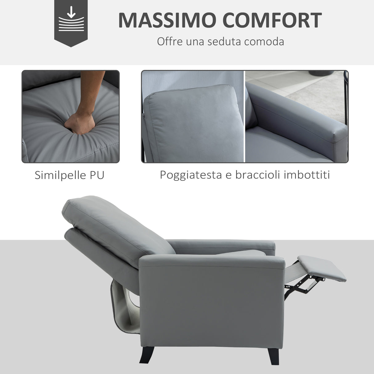 easycomfort easycomfort poltrona relax imbottita e reclinabile manualmente in similpelle 70 5x86x99cm grigio